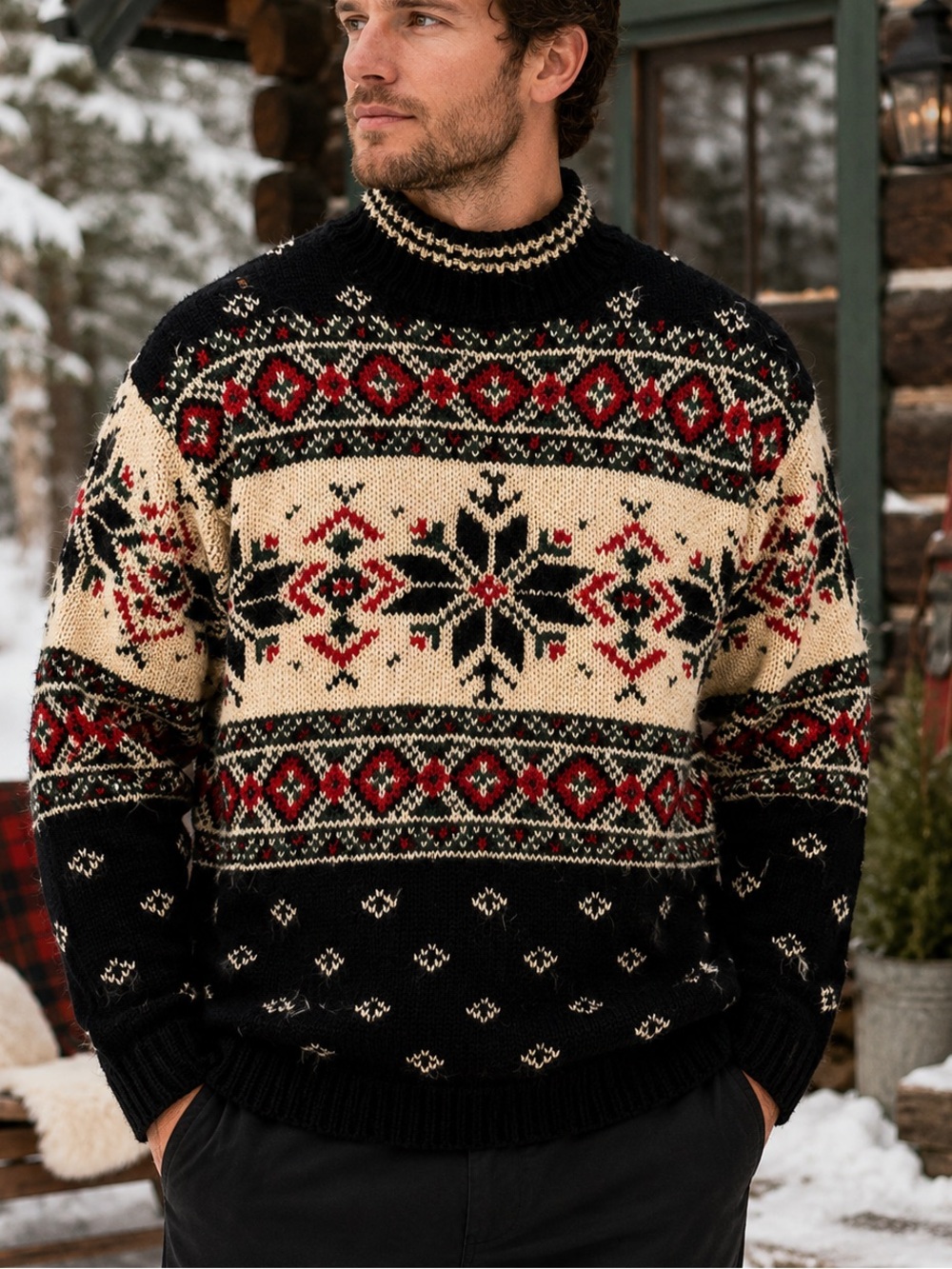 Vintage Croft & Barrow Fair Isle Nordic Mock Neck Sweater XL Wool Blend
